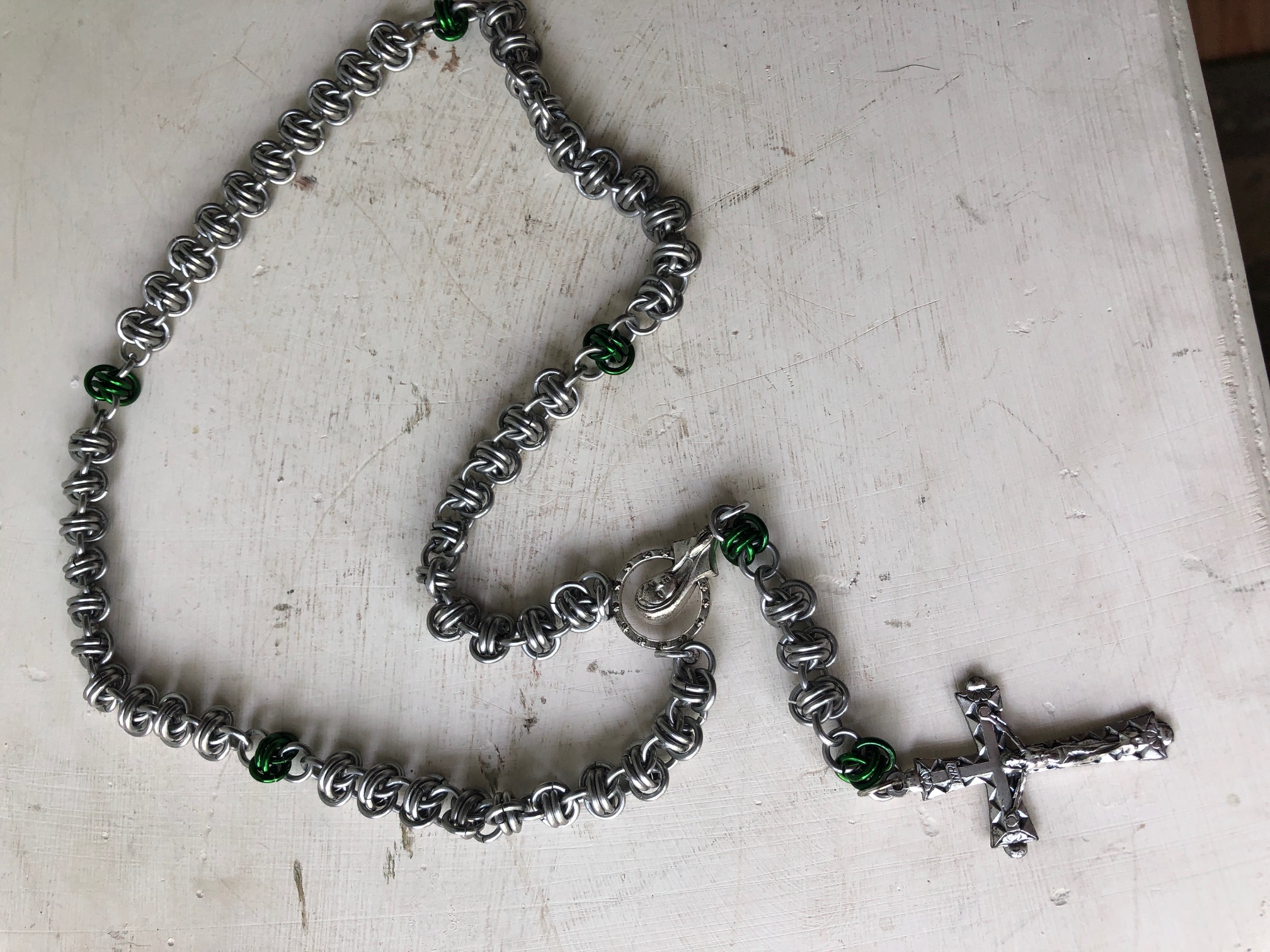 Handmade Chainmaille Rosary with Green Our Father Beads