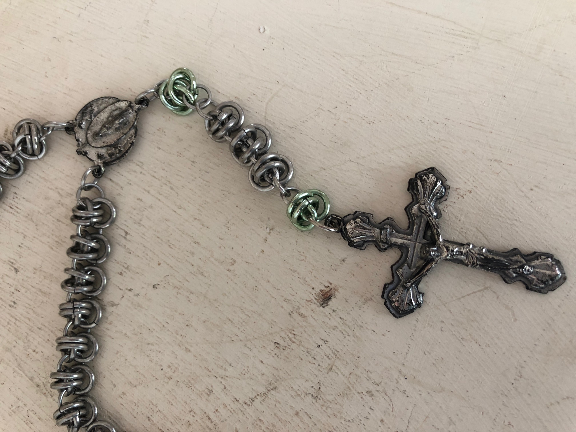 Handmade Chainmaille Rosary with Seafoam Green Our Father Beads