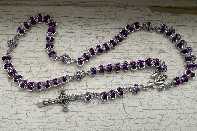 Handmade Chainmaille Rosary Purple Fleur-di-les Fiat Centerpiece