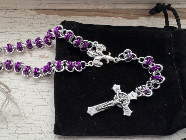 Handmade Chainmaille Rosary Purple Fleur-di-les Fiat Centerpiece