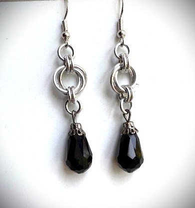 Black Beaded Chainmaille Rosette Drop Earrings