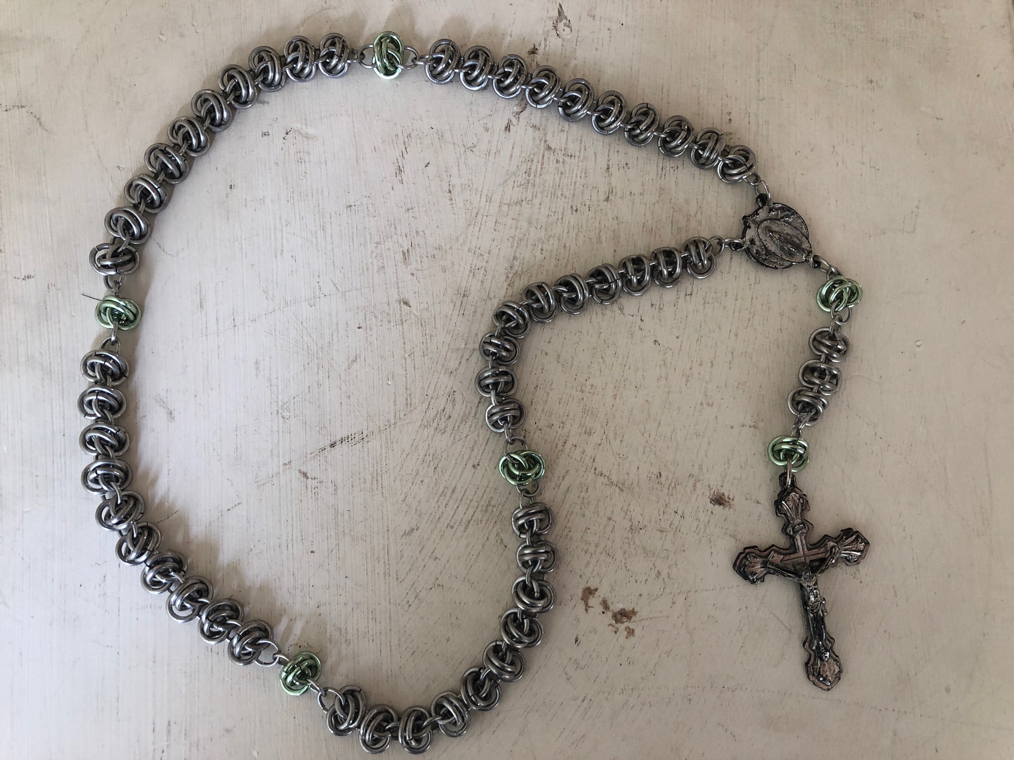 Handmade Chainmaille Rosary with Seafoam Green Our Father Beads