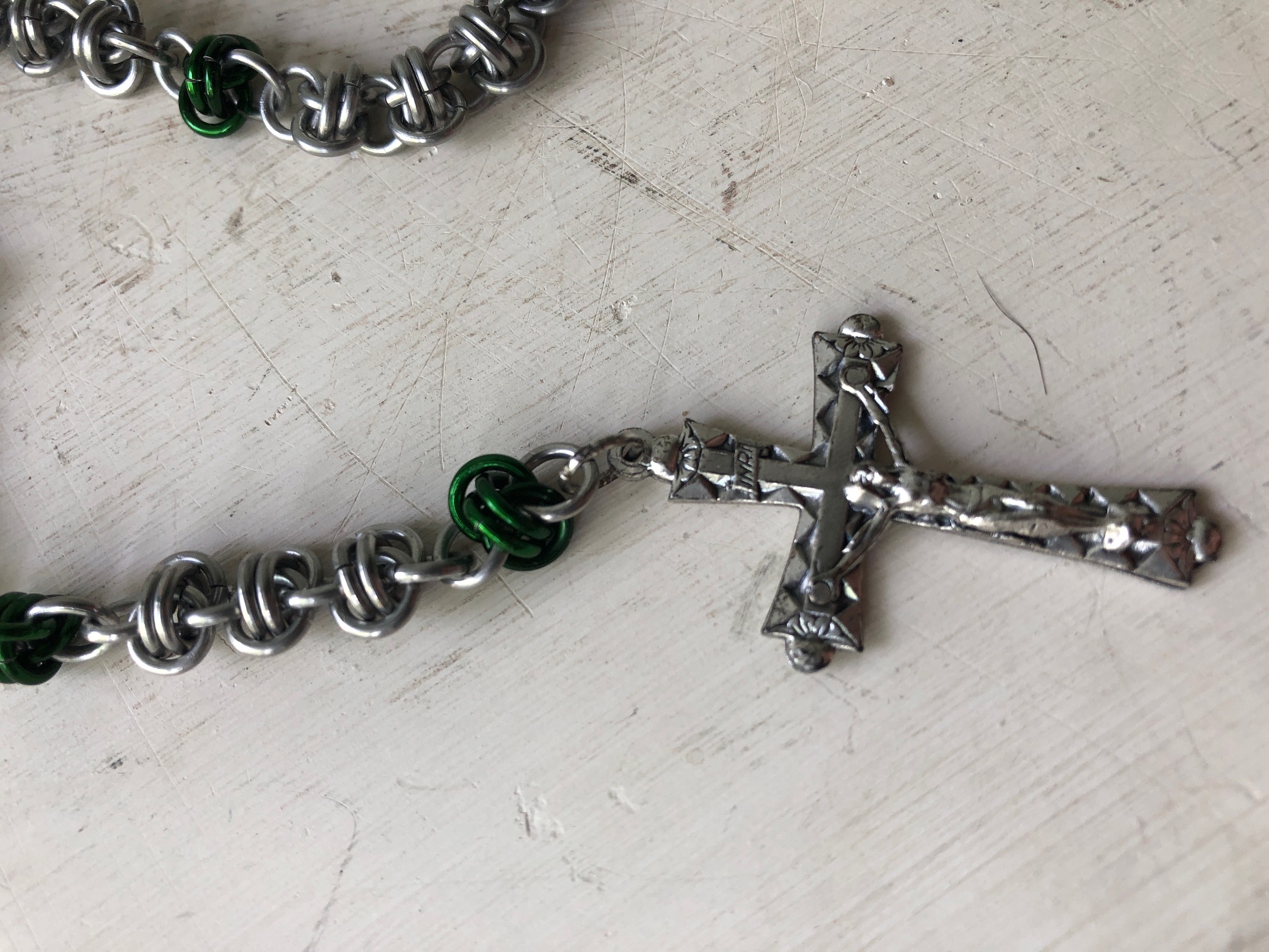 Handmade Chainmaille Rosary with Green Our Father Beads