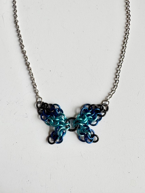 Blue and Black Butterfly Chainmaille Necklace, 18"