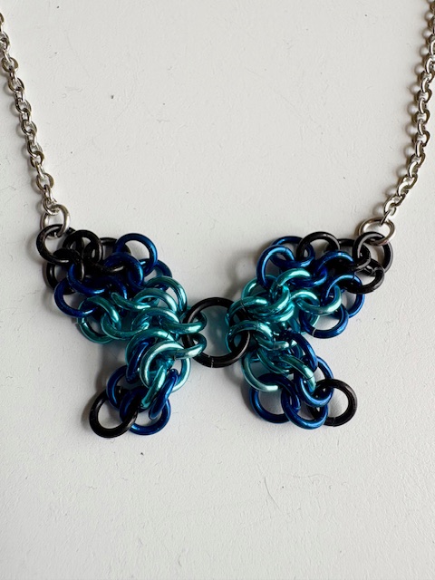 Blue and Black Butterfly Chainmaille Necklace, 18"
