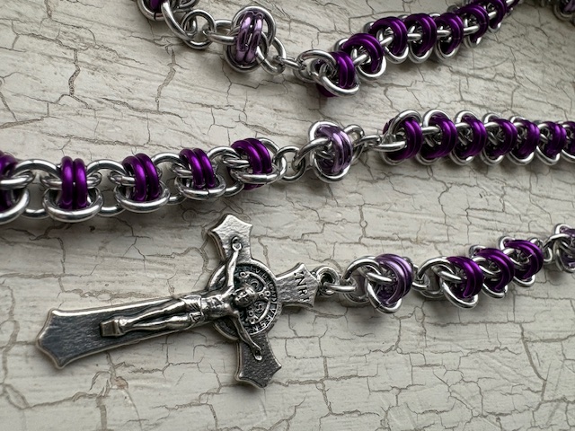 Handmade Chainmaille Rosary Purple Fleur-di-les Fiat Centerpiece