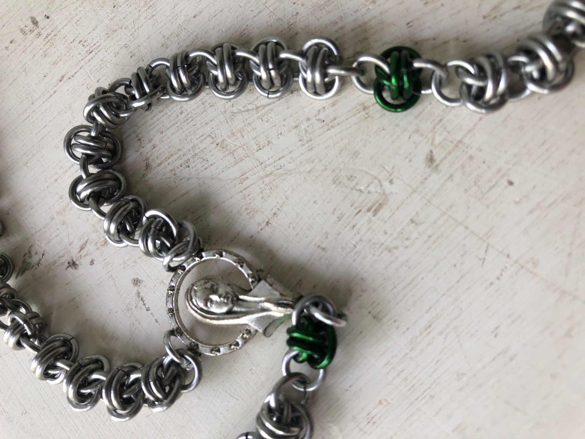 Handmade Chainmaille Rosary with Green Our Father Beads