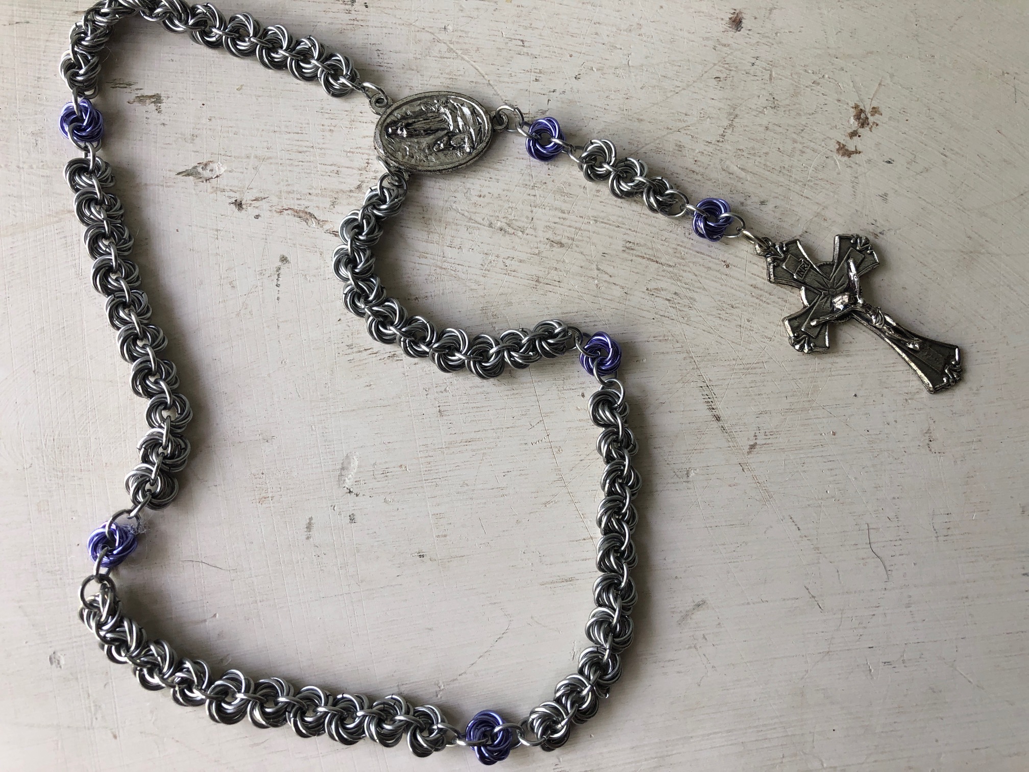 Handmade Chainmaille Rosary with St. Bernadette Medallion