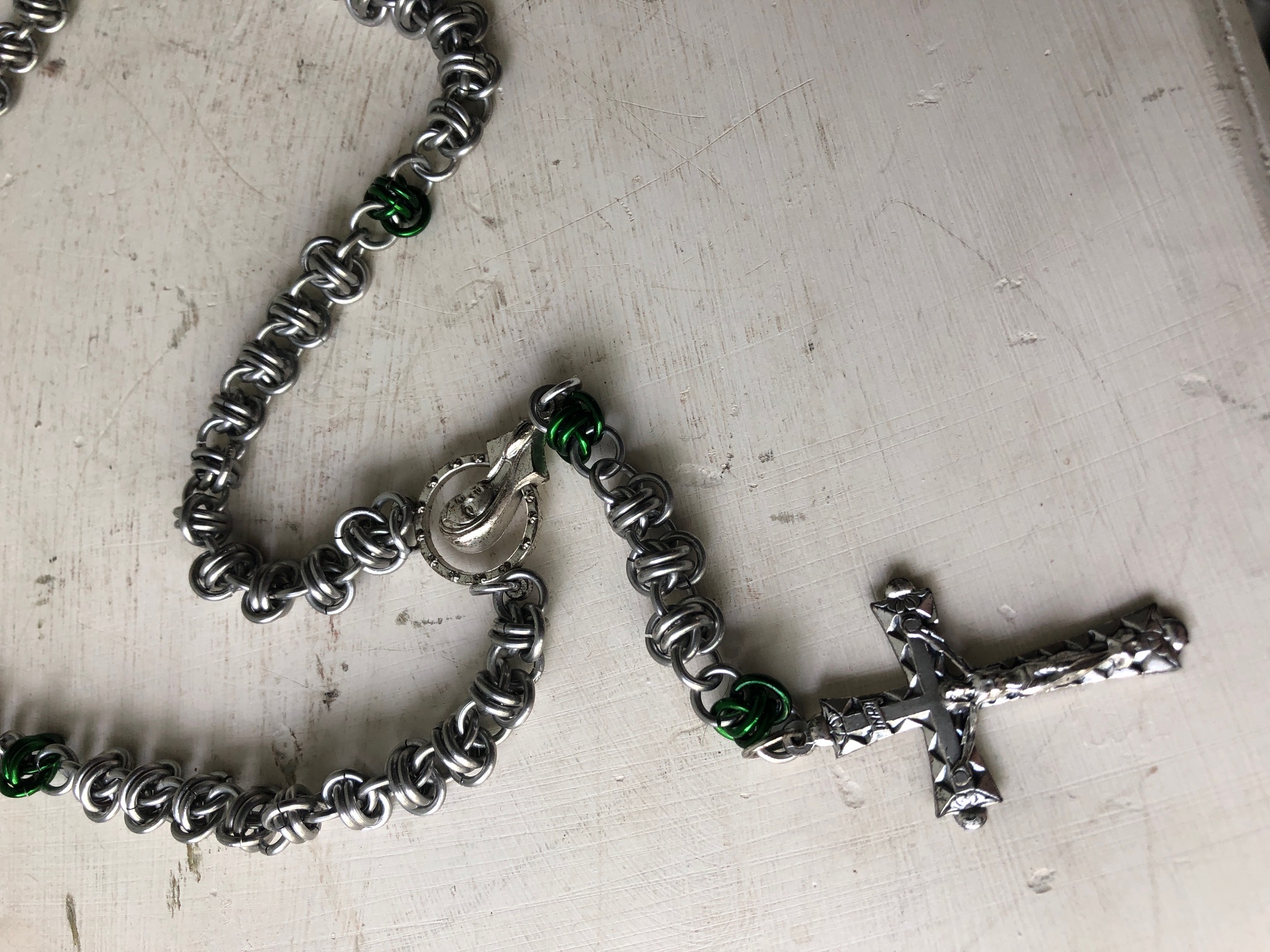 Handmade Chainmaille Rosary with Green Our Father Beads