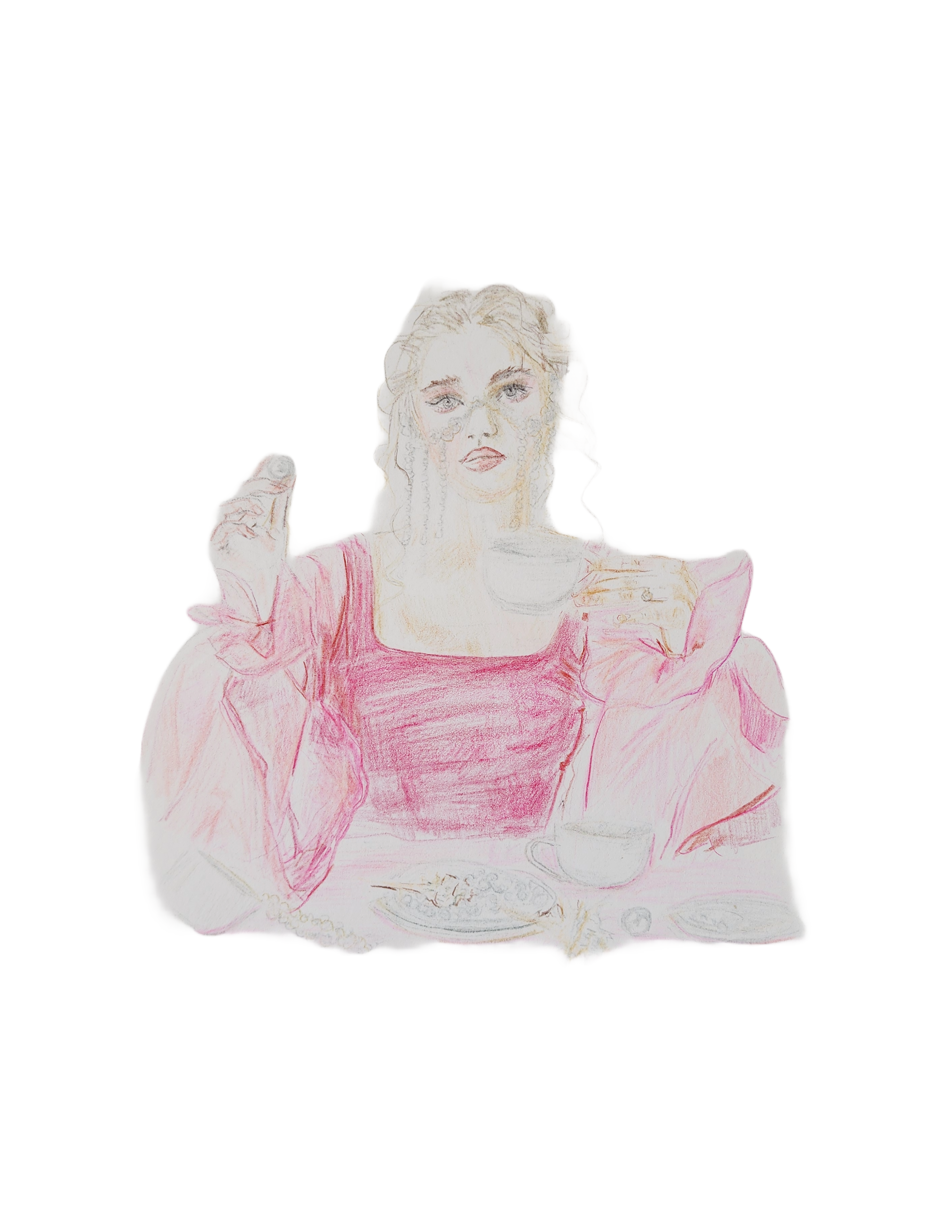 Romantic Drawing of a Woman at Tea