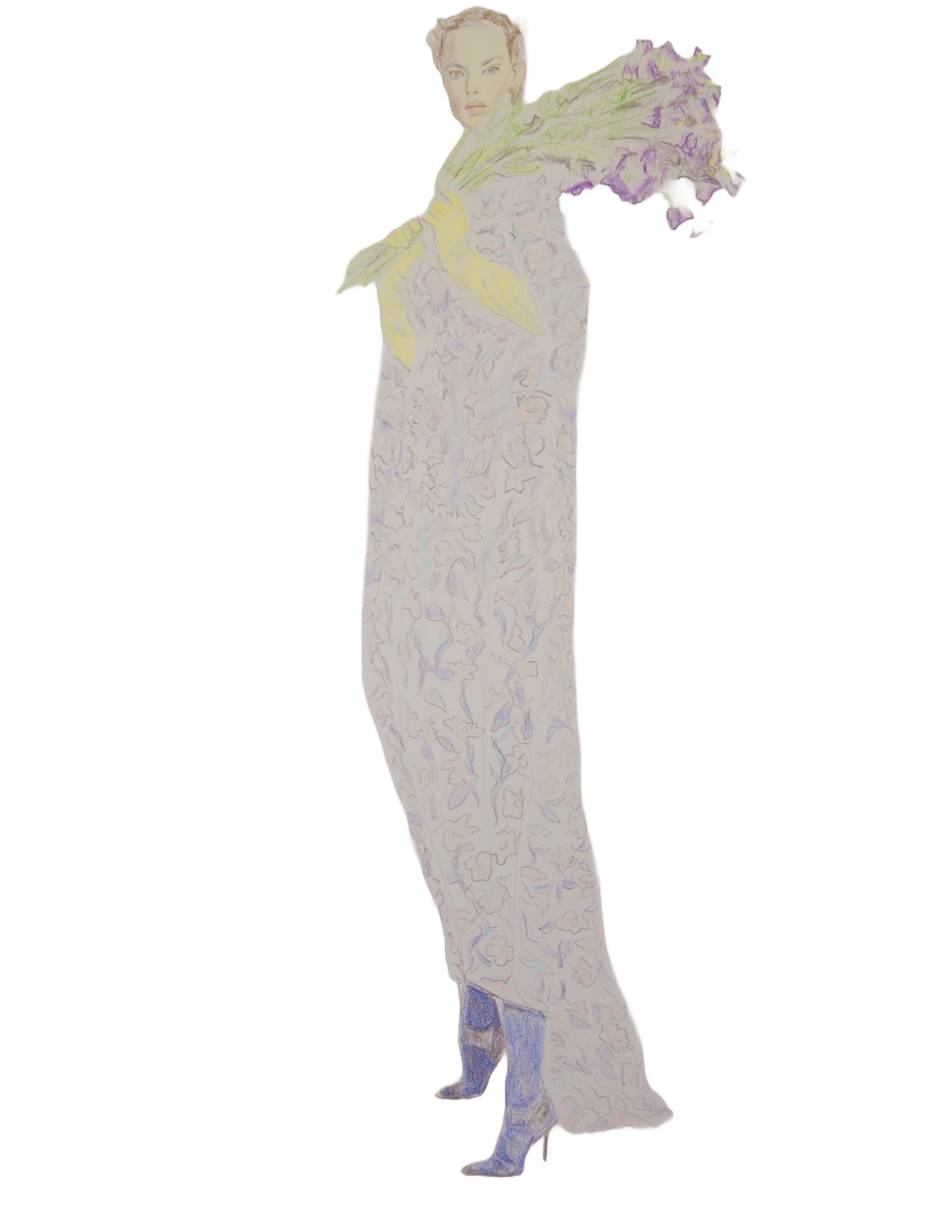 A Fashion Illustration of a Woman with Lilacs