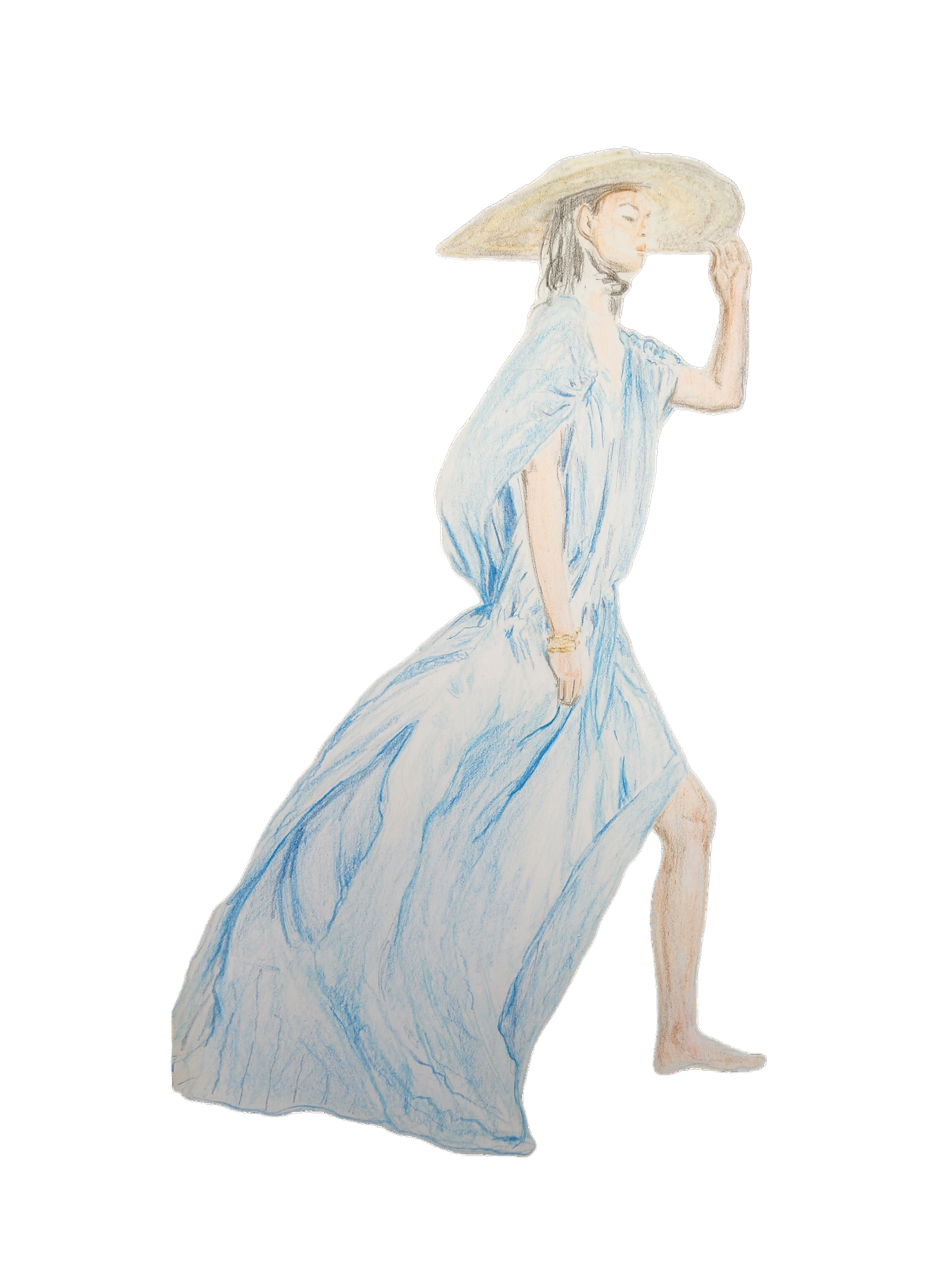 Elegant Fashion Illustration of a Woman in a Flowing Blue Gown and Sun Hat