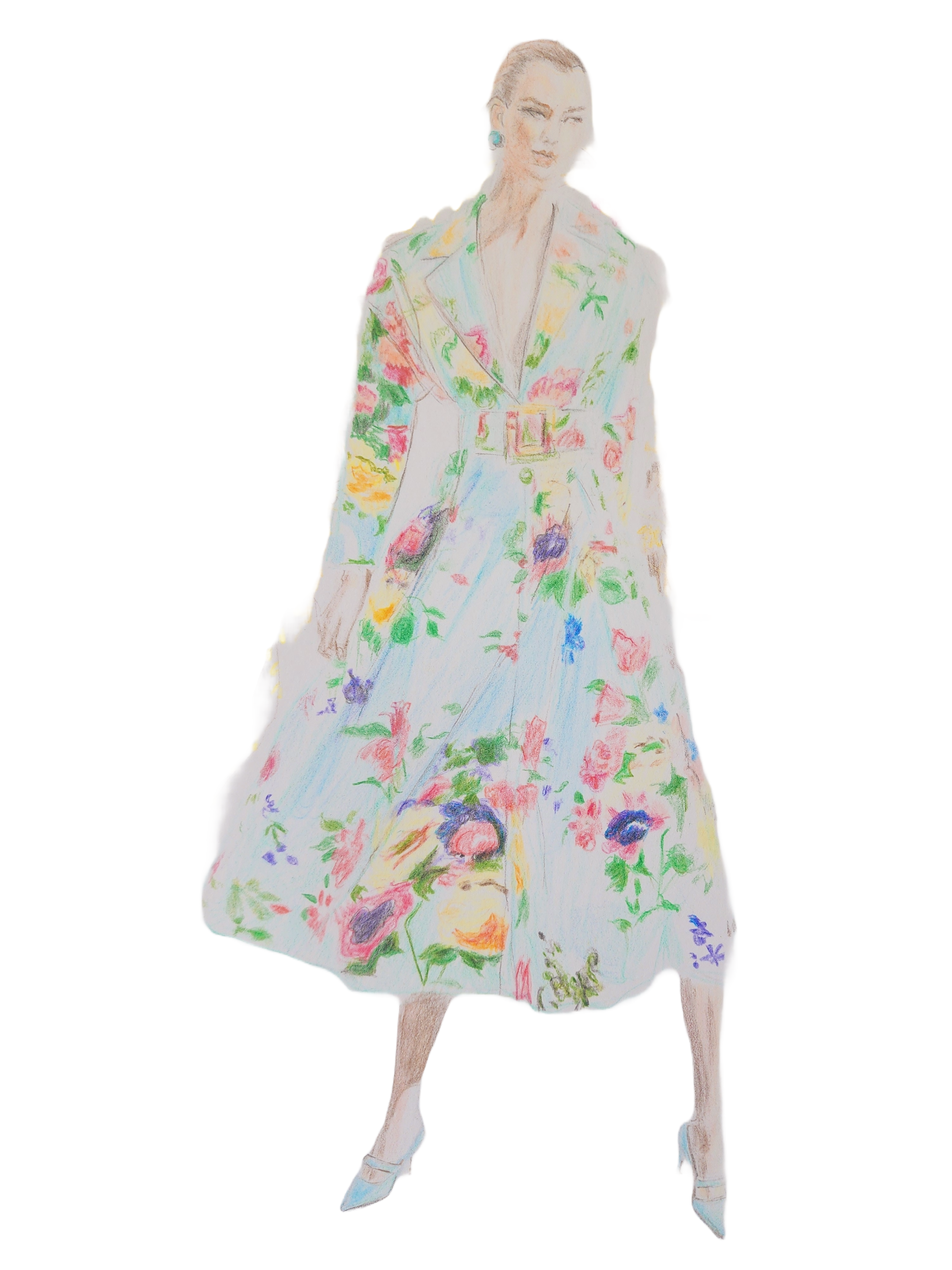 Vibrant Floral Trench Coat Fashion Illustration
