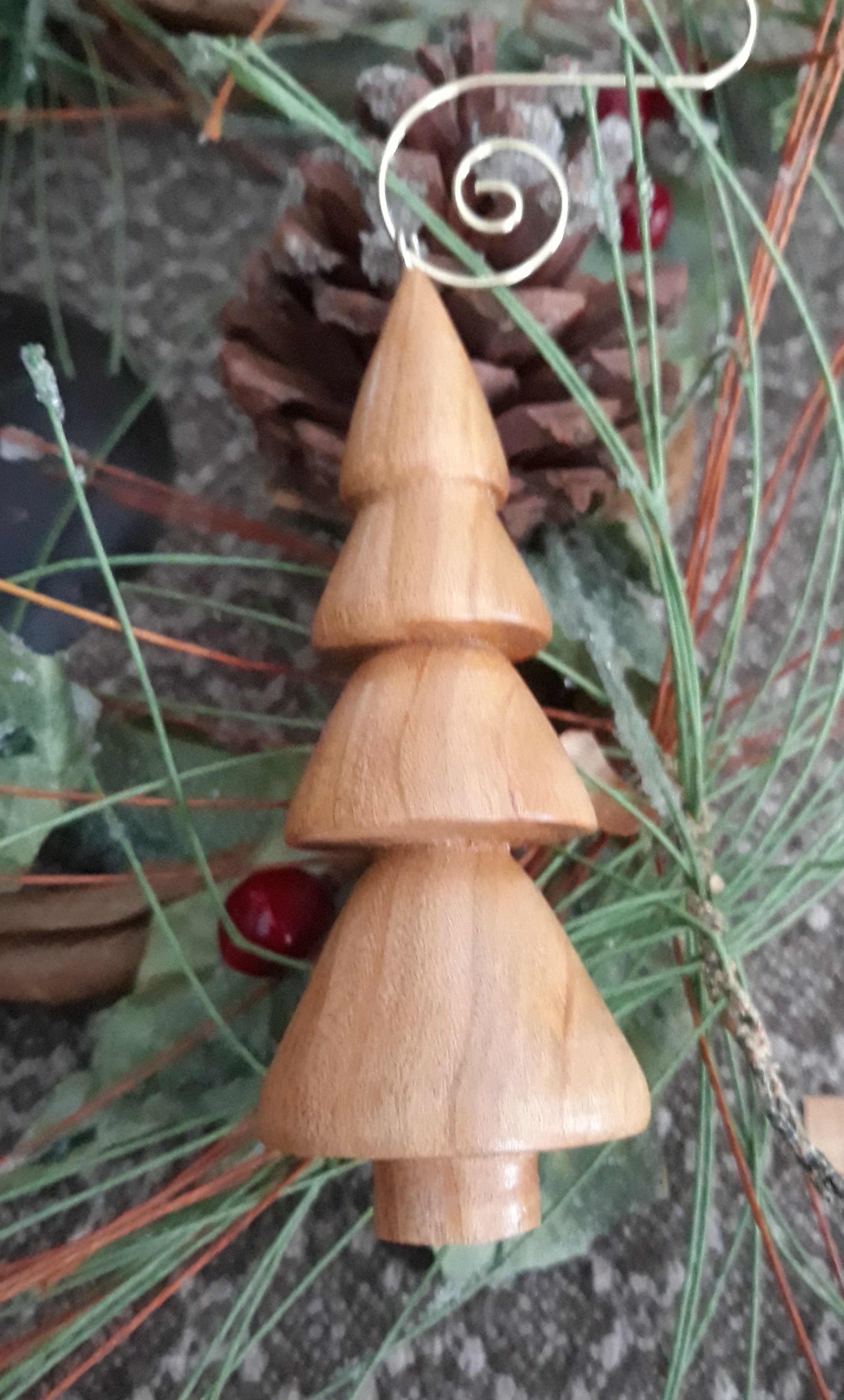 T4 Handcrafted Wooden Christmas Tree Ornament Cherry 1 1/2 wide x 4 in high