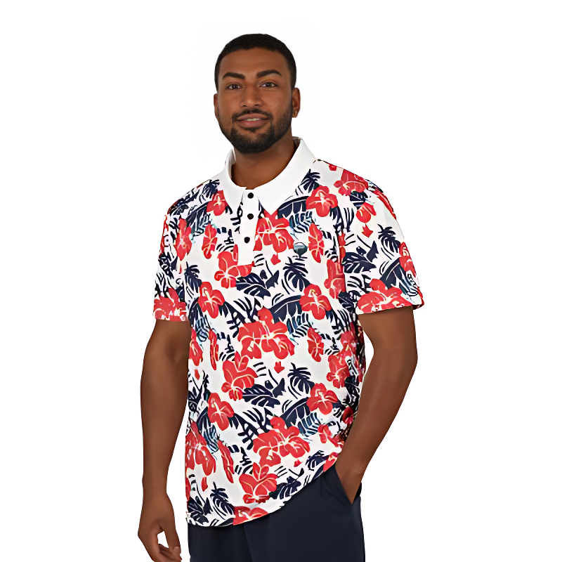 Red Flower Hawaiian Polo Shirt