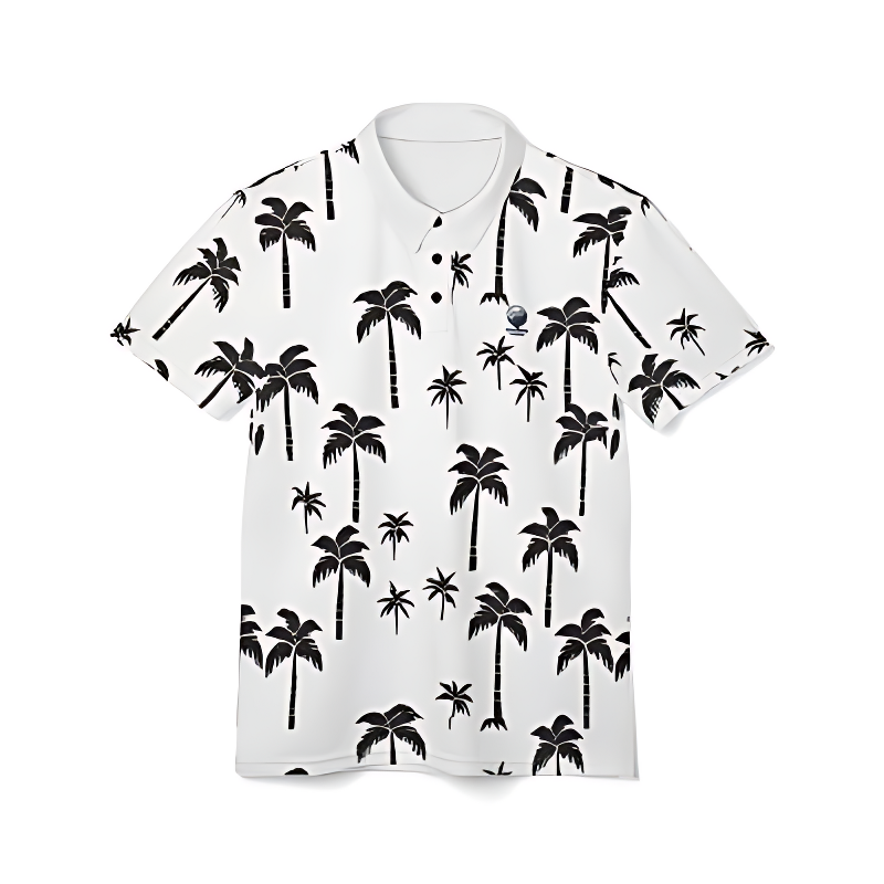 Black & White Palm Hawaiian Polo Shirt