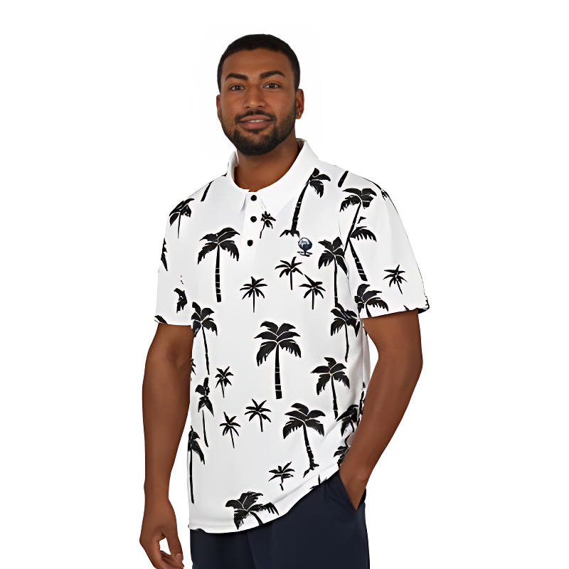 Black & White Palm Hawaiian Polo Shirt