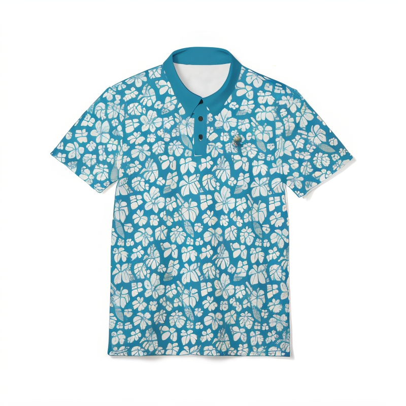 Teal Flower Hawaiian Polo Shirt