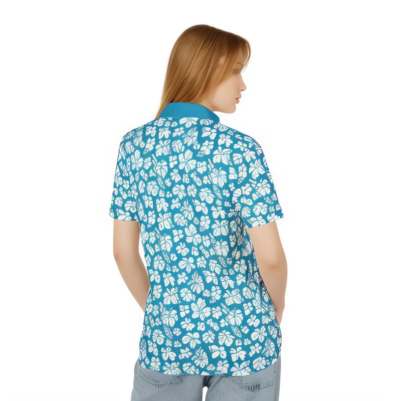 Teal Flower Hawaiian Polo Shirt