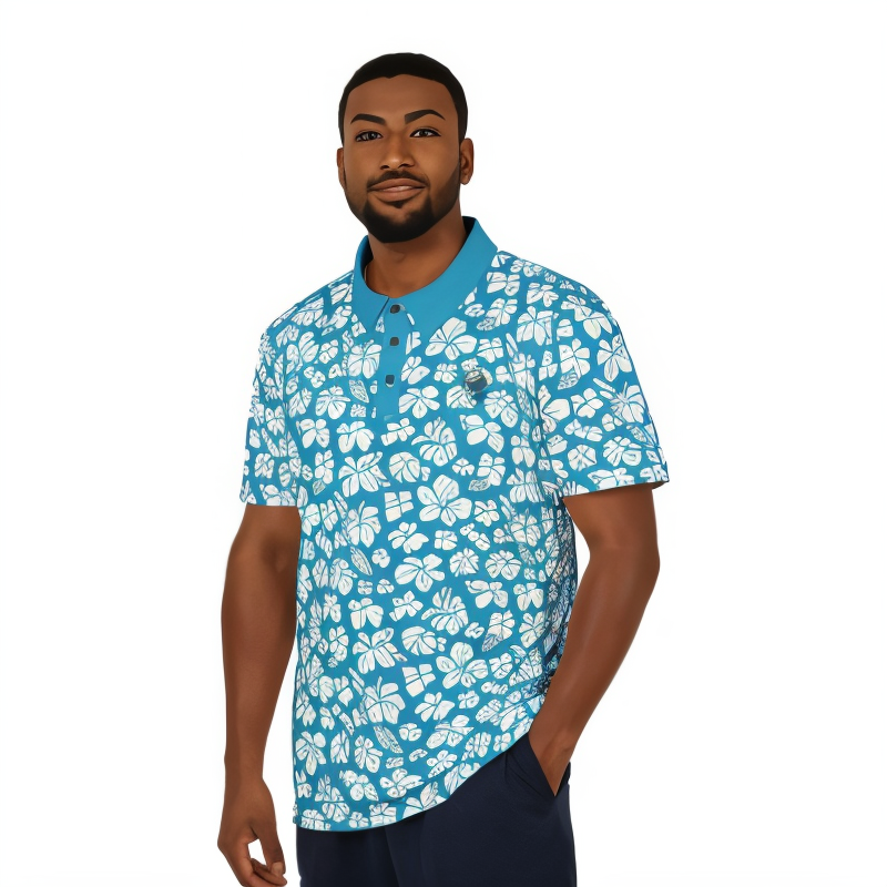 Teal Flower Hawaiian Polo Shirt