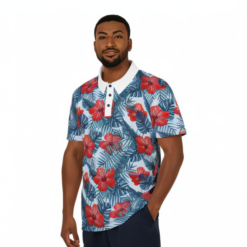 Red And Blue Hawaiian Polo Shirt