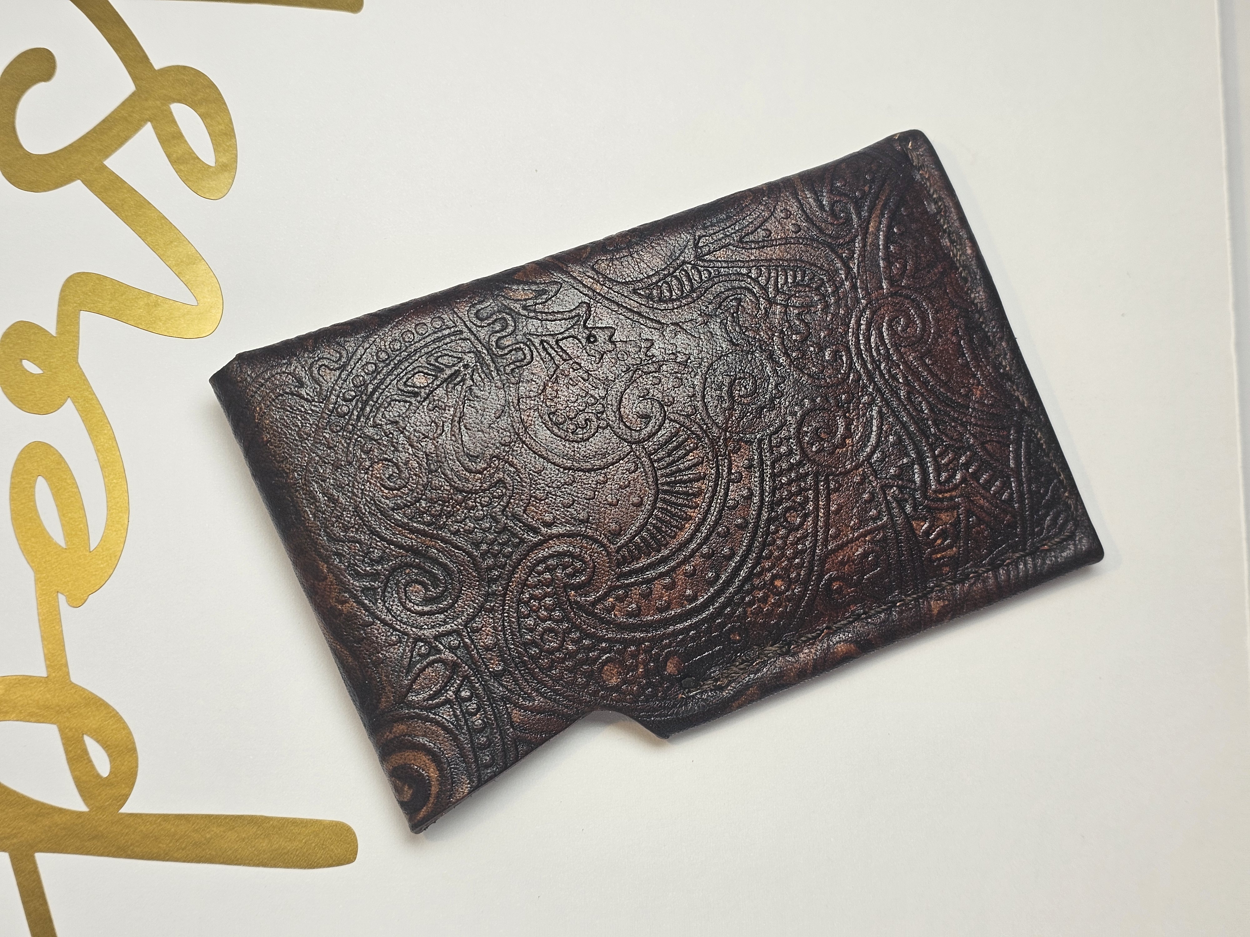 Leather Card Holder, Embossed, Antiqued Brown