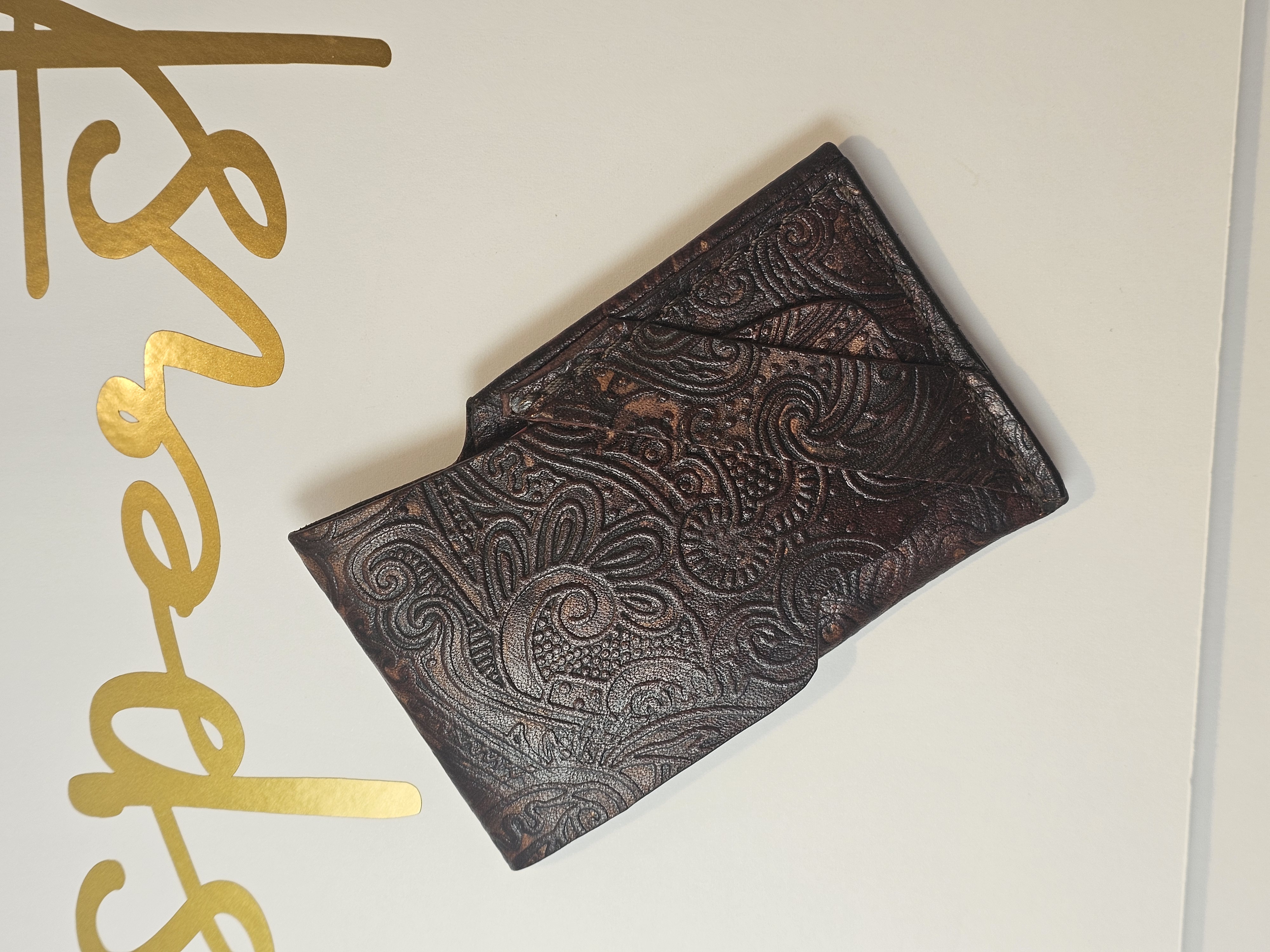 Leather Card Holder, Embossed, Antiqued Brown