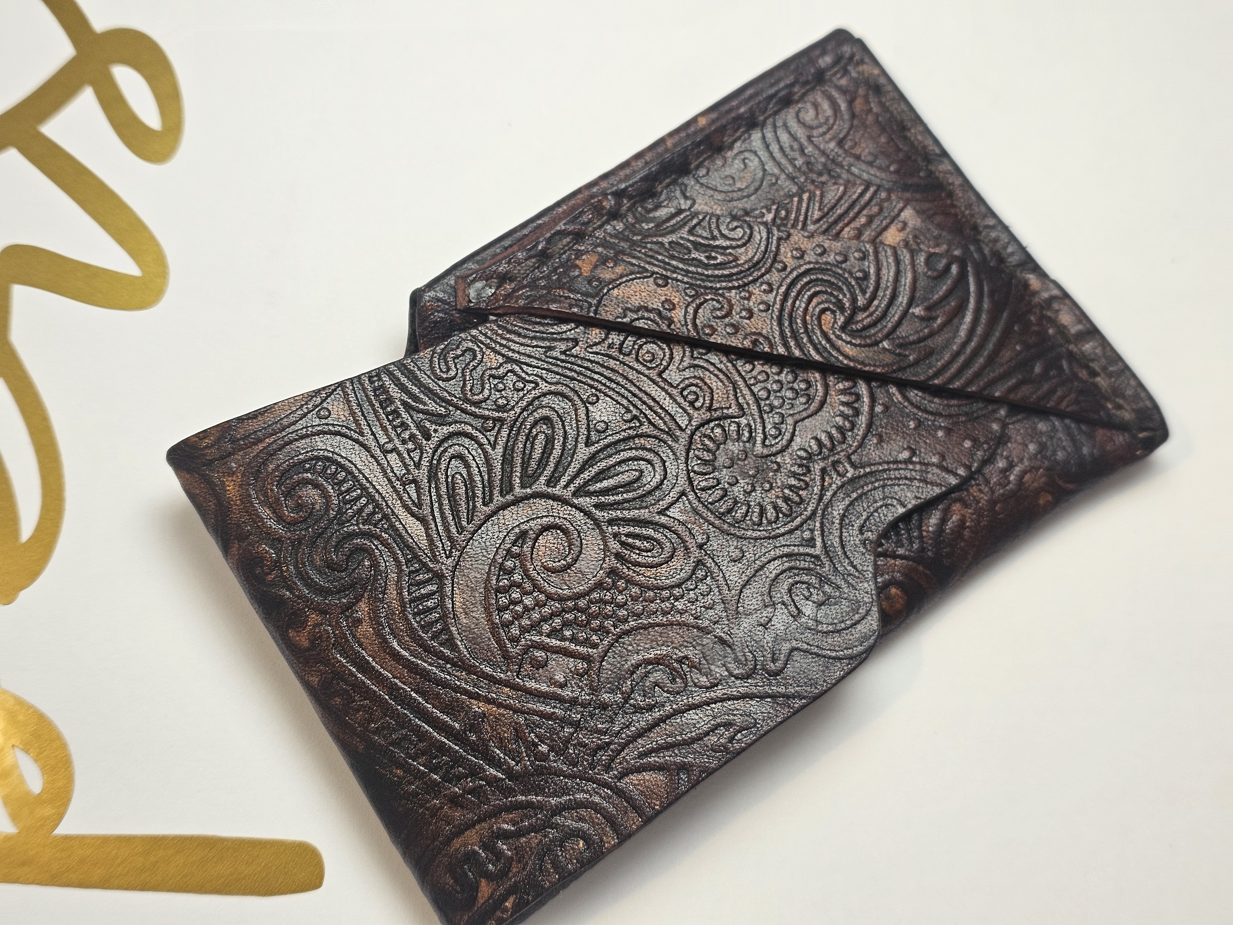 Leather Card Holder, Embossed, Antiqued Brown