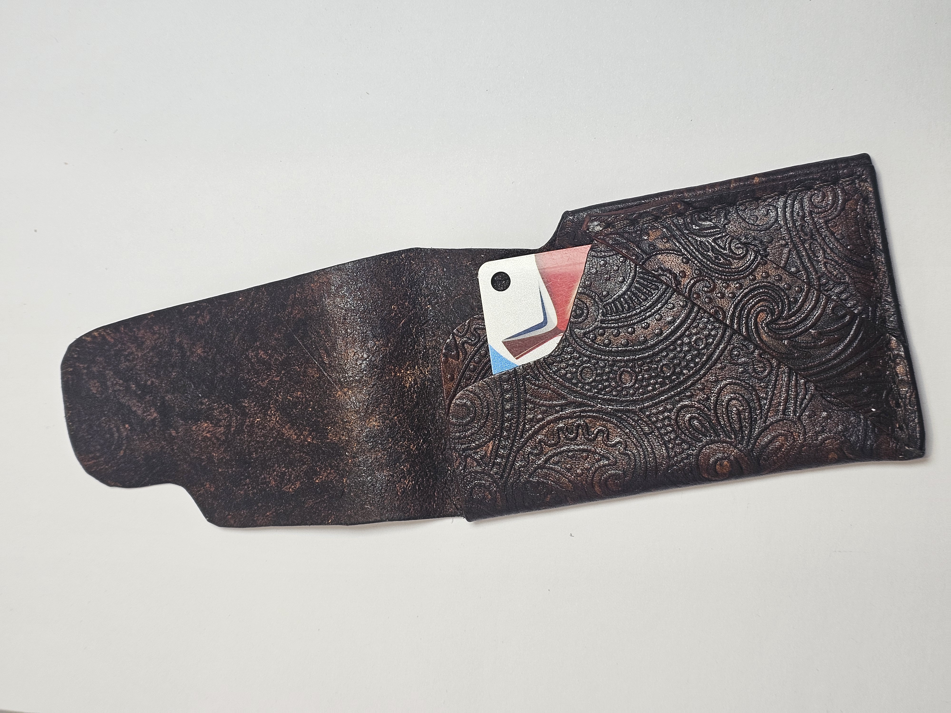 Leather Card Holder, Embossed, Antiqued Brown