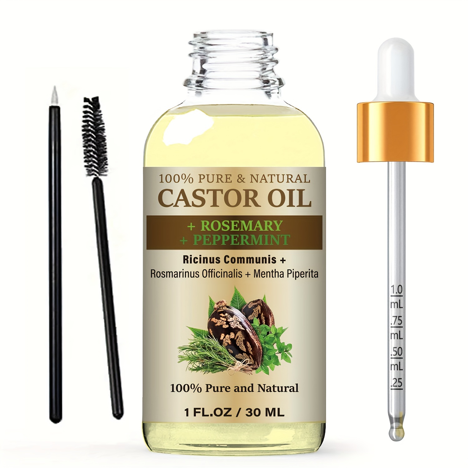 Castor Oil with Rosemary Oil and Peppermint Oil for Hair Growth, Eyelashes and Eyebrows - 100% Pure and Natural Carrier Oil, Hair Oil - Moisturizing Massage Oil for Aromatherapy - 1 fl. Oz