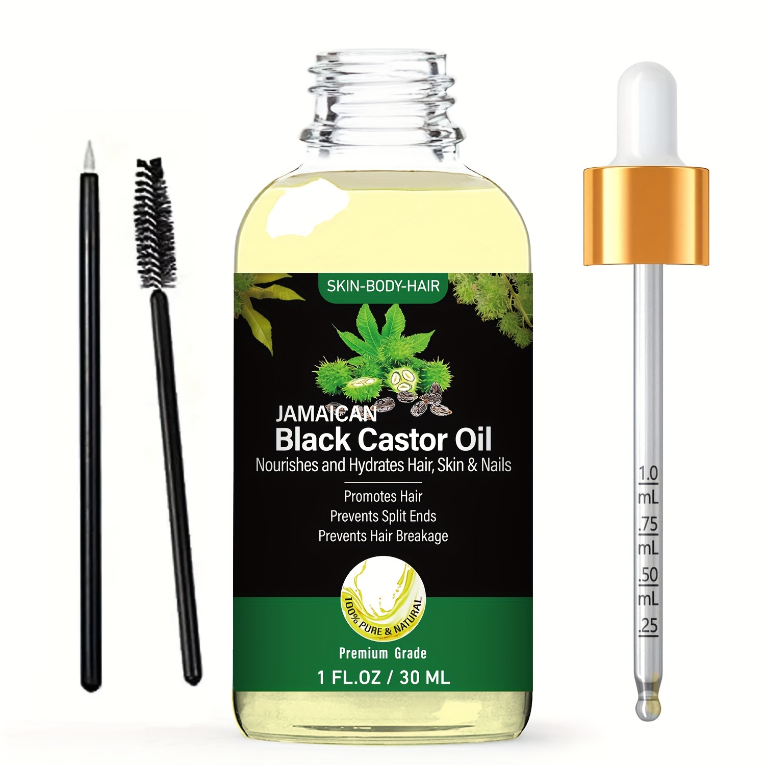 Jamaican Black Castor Oil, 100% Pure Cold Pressed Unrefined for Hair Growth, Skin Condition, Eyebrows Eyelashes, Nail Care Grow, Strengthen, Moisture & Repair, Glass Bottle 1 fl oz