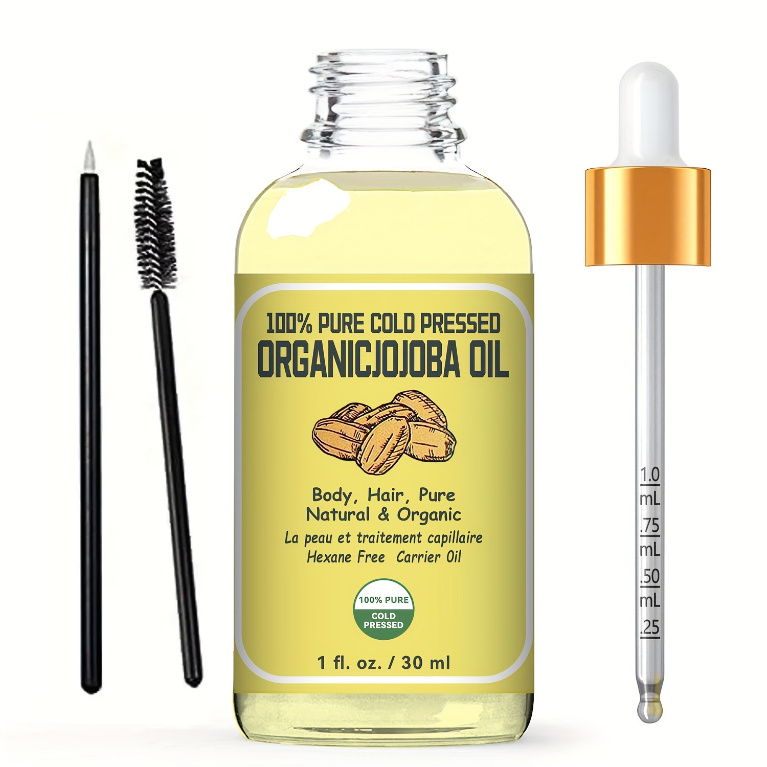 Organic Jojoba Oil (1oz / 30mL) 100% Pure Premium Grade Natural Moisturizer: Cold Pressed, Unrefined, Hexane-Free Base Carrier for DIY Skin Care, Hair, Face & Nails