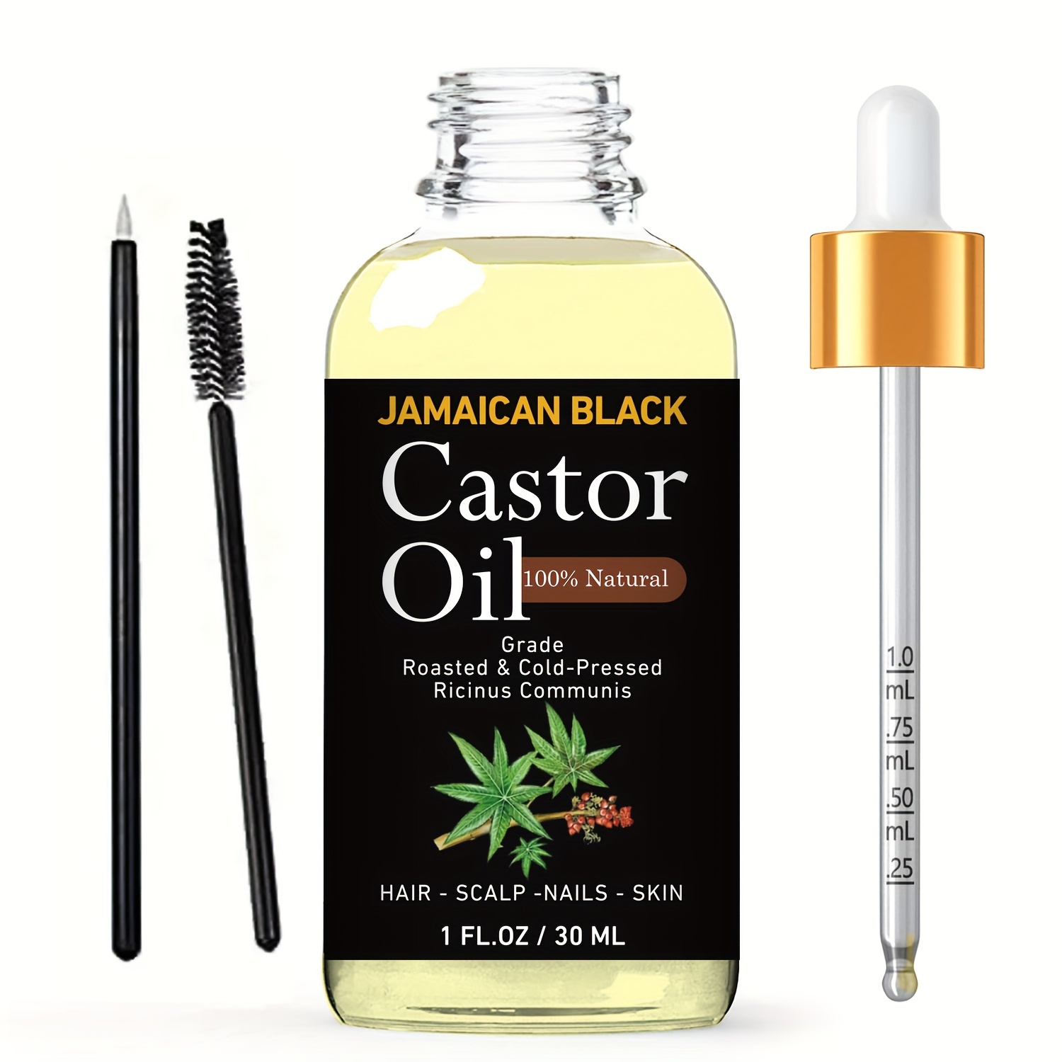 Jamaican Black Castor Oil, 100% Pure Cold Pressed Unrefined for Hair Growth, Skin Condition, Eyebrows Eyelashes, Nail Care Grow, Strengthen, Moisture & Repair, Glass Bottle 1 fl oz