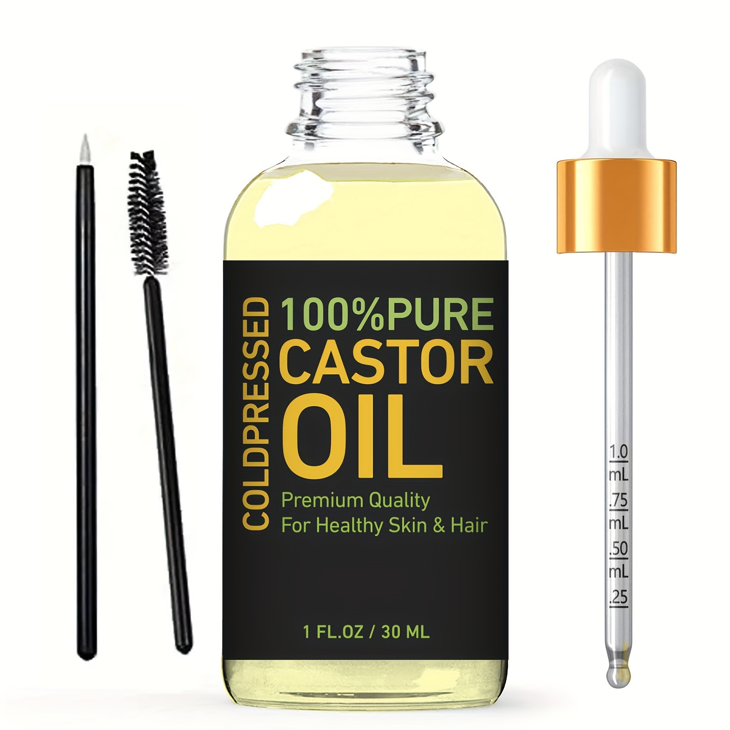Castor Oil Cold Pressed - 1 FL OZ - 100% Pure Hair Oil For Hair Growth, Face, Skin Moisturizer, Scalp, Thicker Eyebrows And Eyelashes