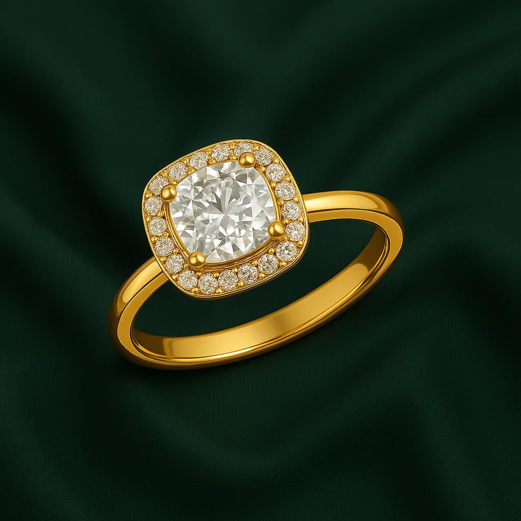 Cushion-Cut Lab-Grown Diamond Halo Ring in Yellow Gold