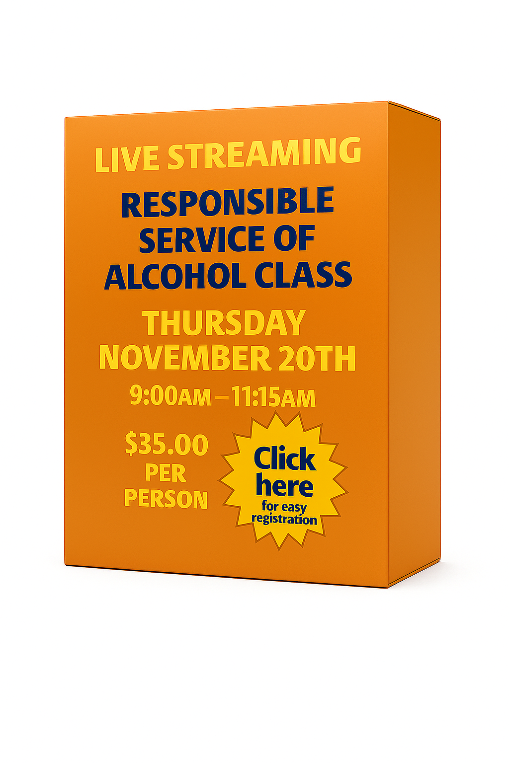 Thursday November 20th 9:00am Responsible Service of Alcohol Class. No link will be sent! Join the class from the homepage of this website. 