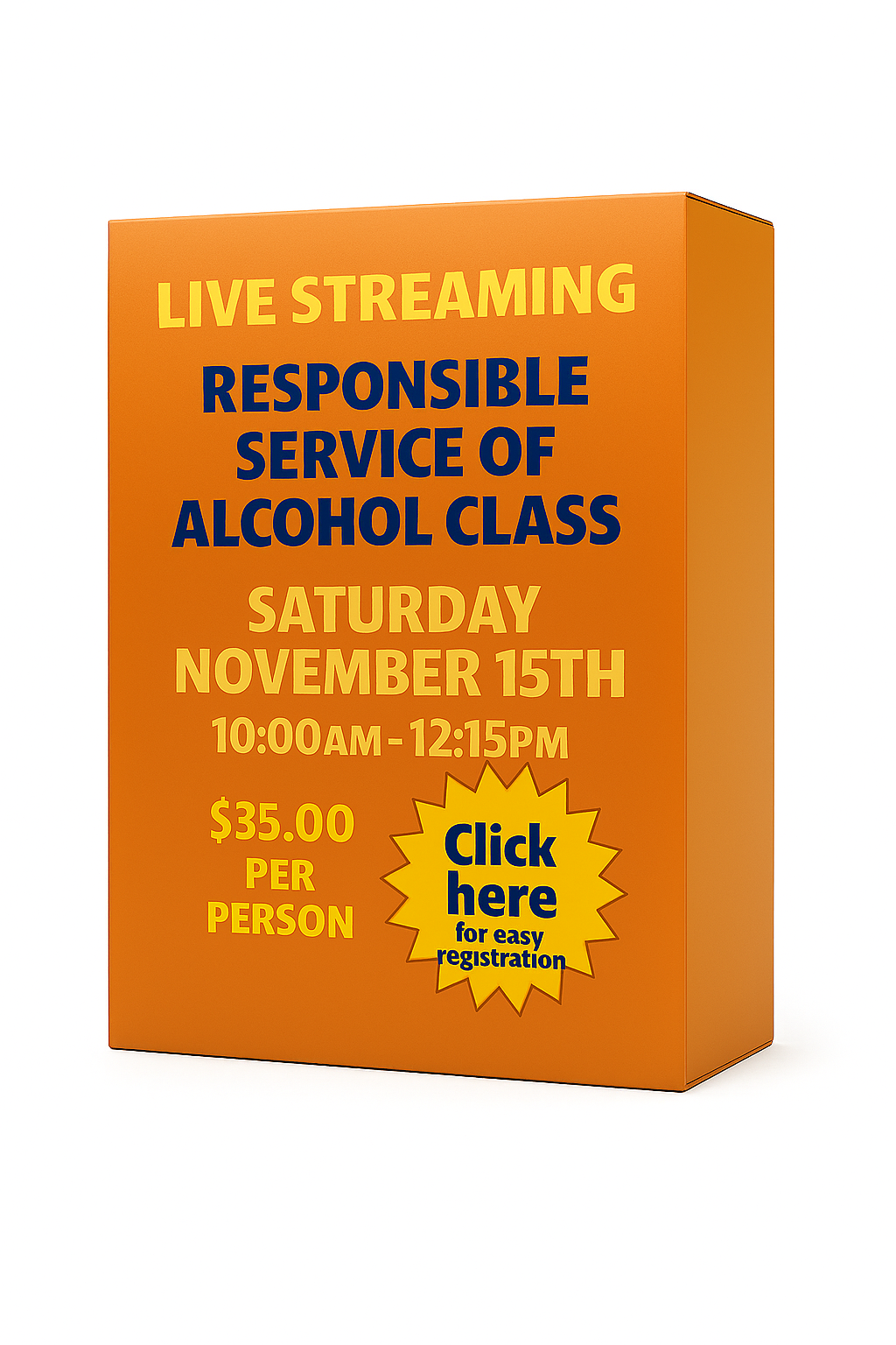 Saturday November 15th 10:00am Live Streaming Responsible Service of Alcohol Class. No link will be sent! Join the class from the homepage of this website. 