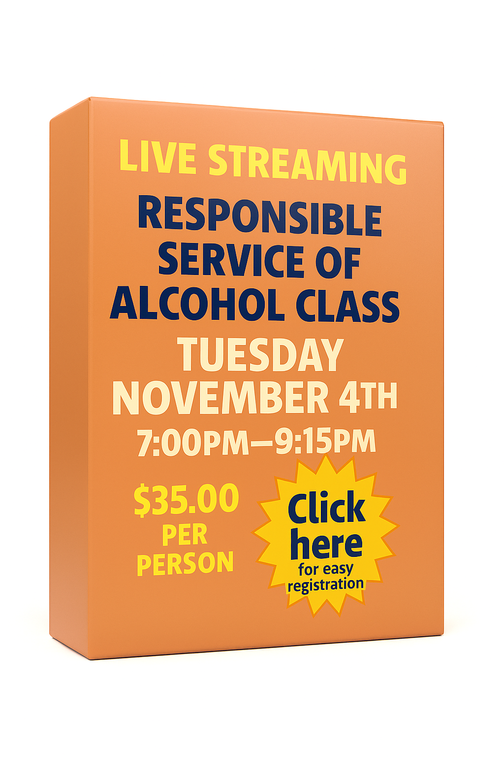Tuesday November 4th 7:00pm Live Streaming Responsible Service of Alcohol Class. No link will be sent! Join the class from the homepage of this website. 