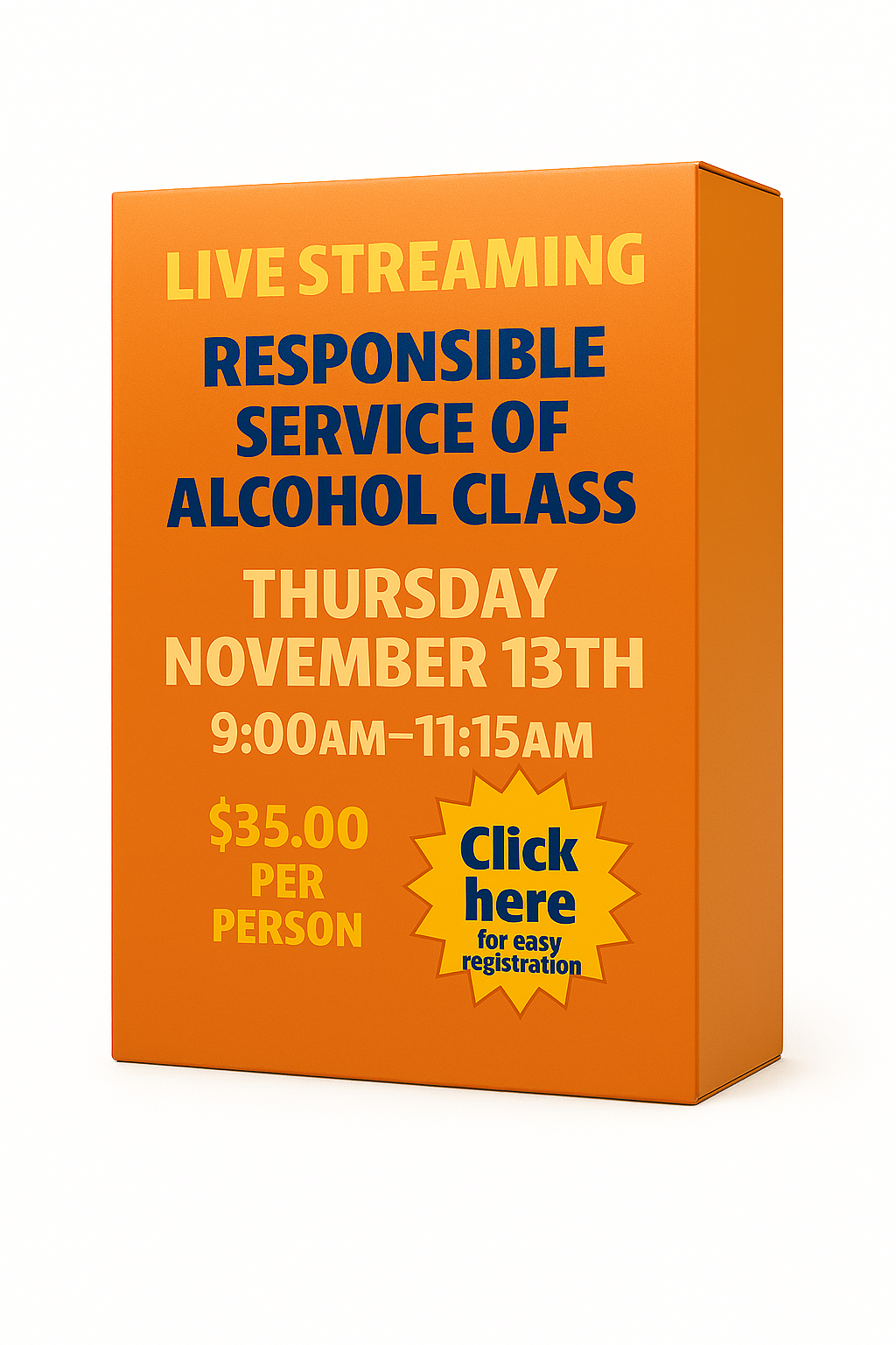 Thursday November 13th 9:00am Responsible Service of Alcohol Class. No link will be sent! Join the class from the homepage of this website. 