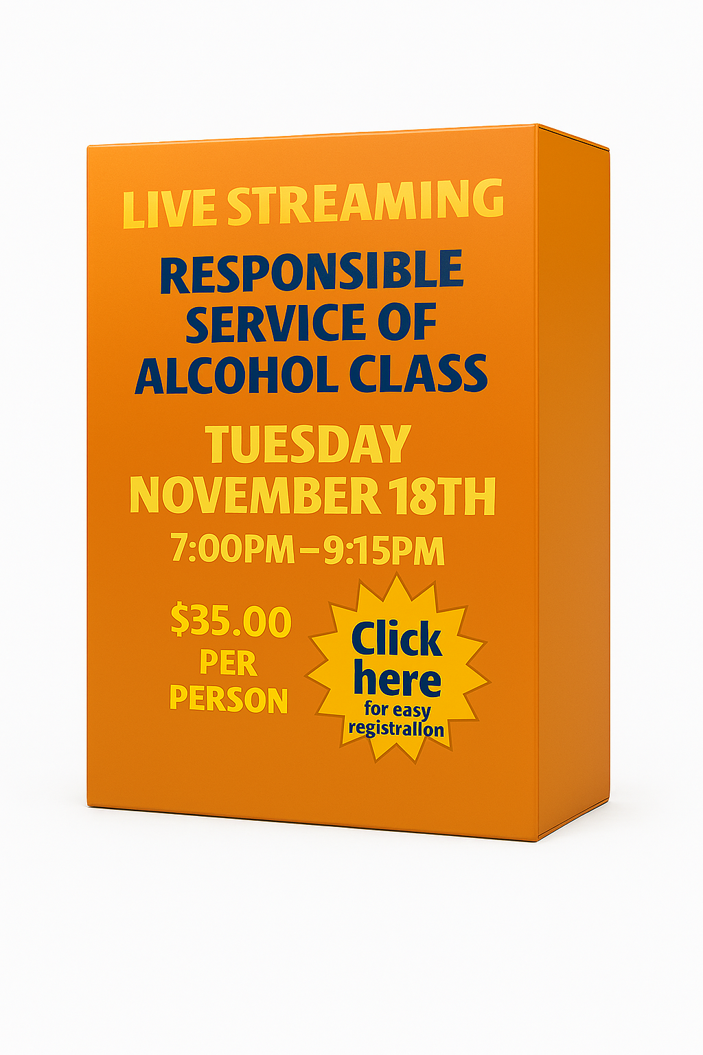 Tuesday November 18th 7:00pm Live Streaming Responsible Service of Alcohol Class. No link will be sent! Join the class from the homepage of this website. 
