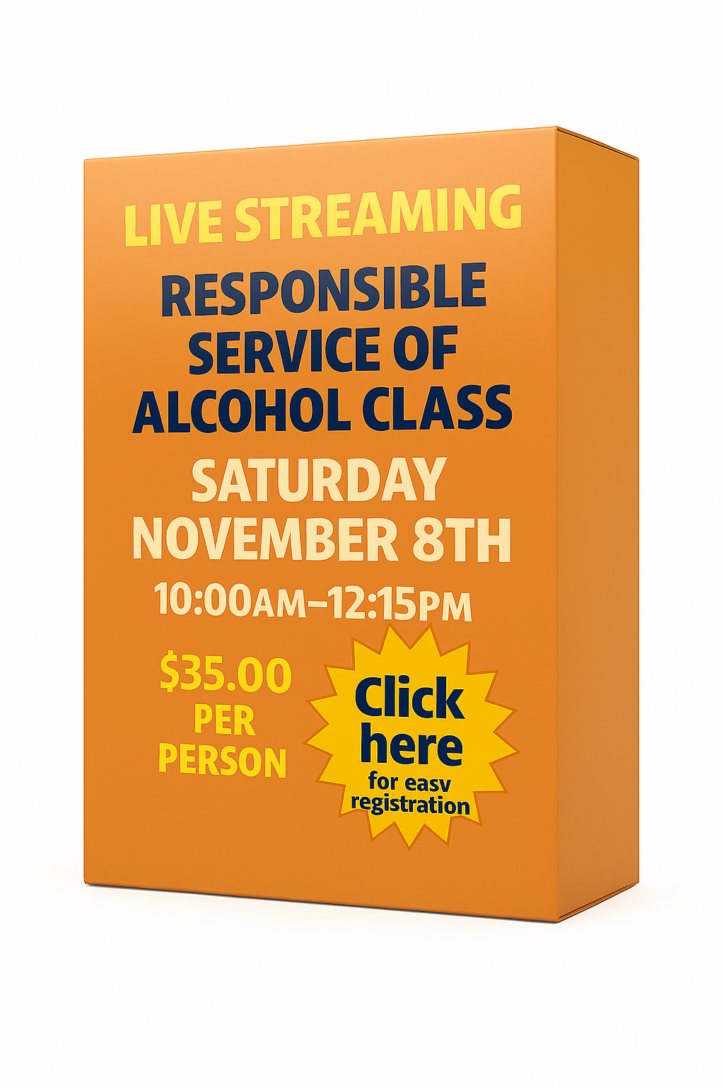 Saturday November 8th 10:00am Live Streaming Responsible Service of Alcohol Class. No link will be sent! Join the class from the homepage of this website. 