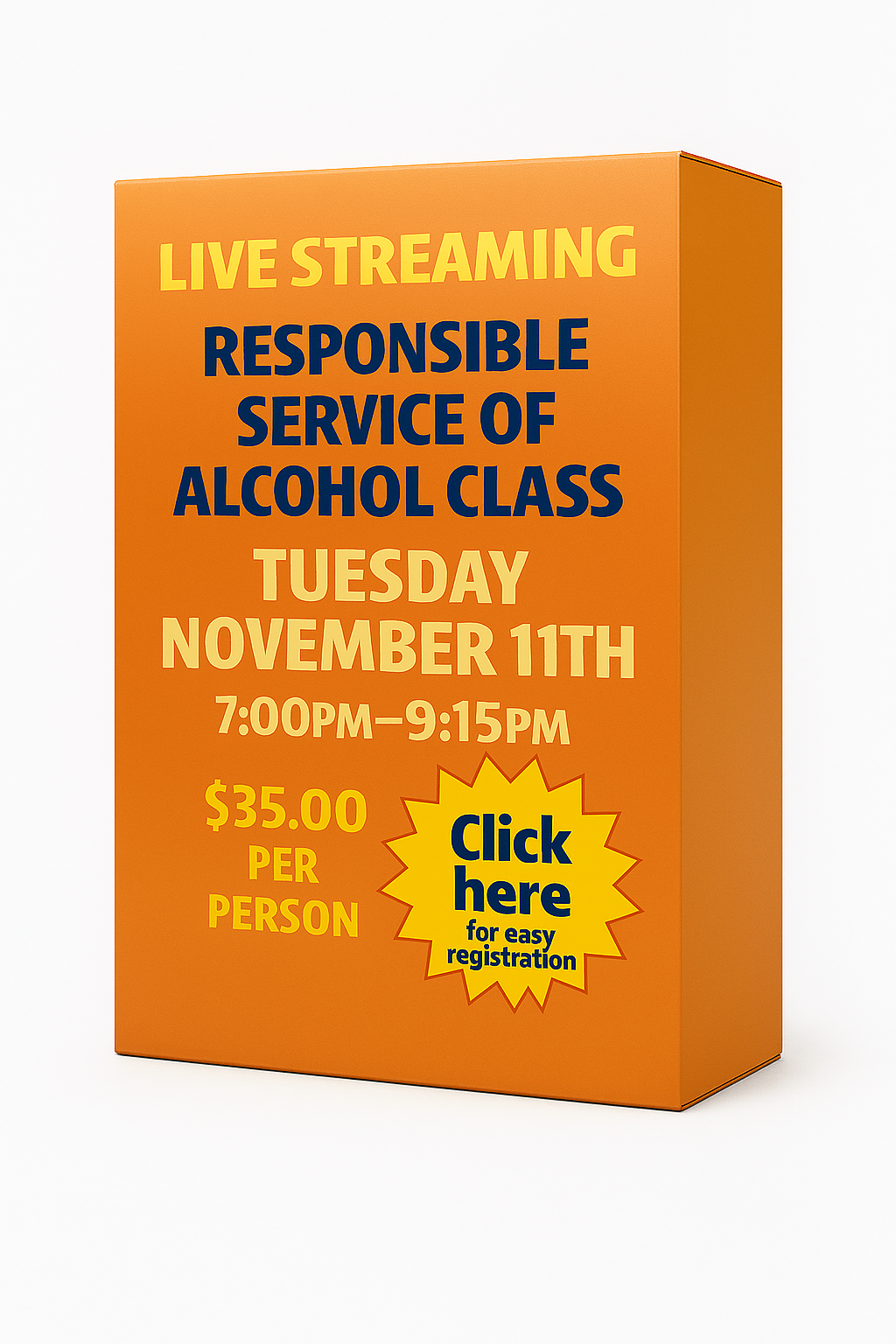 Tuesday November 11th 7:00pm Live Streaming Responsible Service of Alcohol Class. No link will be sent! Join the class from the homepage of this website. 