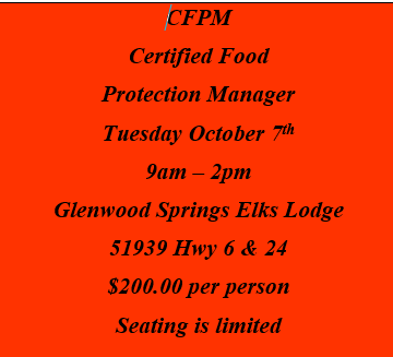 Certified Food Protection Manager Tuesday October 7th 9am In-person