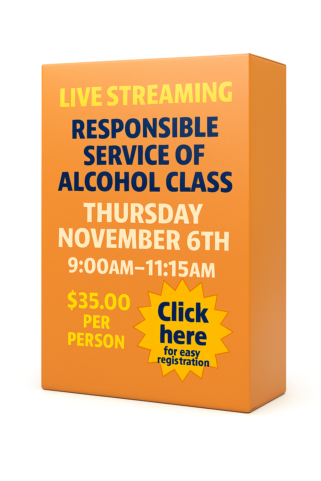 Thursday November 6th 9:00am Responsible Service of Alcohol Class. No link will be sent! Join the class from the homepage of this website. 