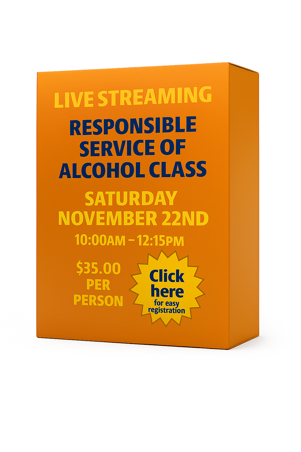Saturday November 22nd 10:00am Live Streaming Responsible Service of Alcohol Class. No link will be sent! Join the class from the homepage of this website. 