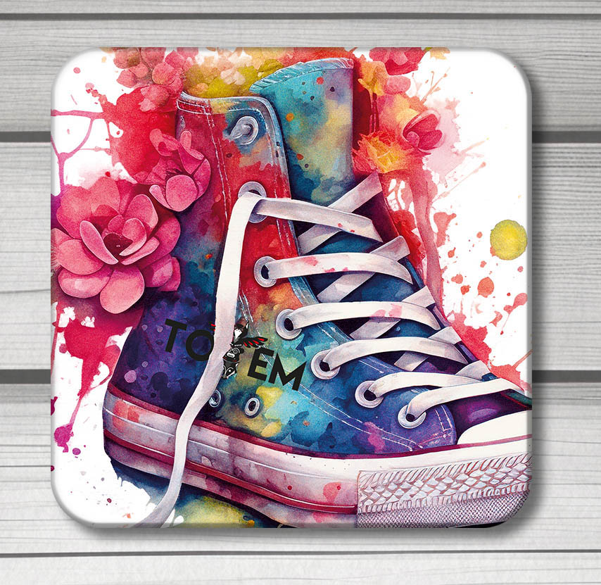 4 acrylic drink coasters with a trainer / floral theme