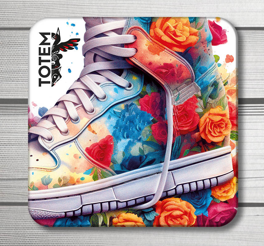 4 acrylic drink coasters with a trainer / floral theme