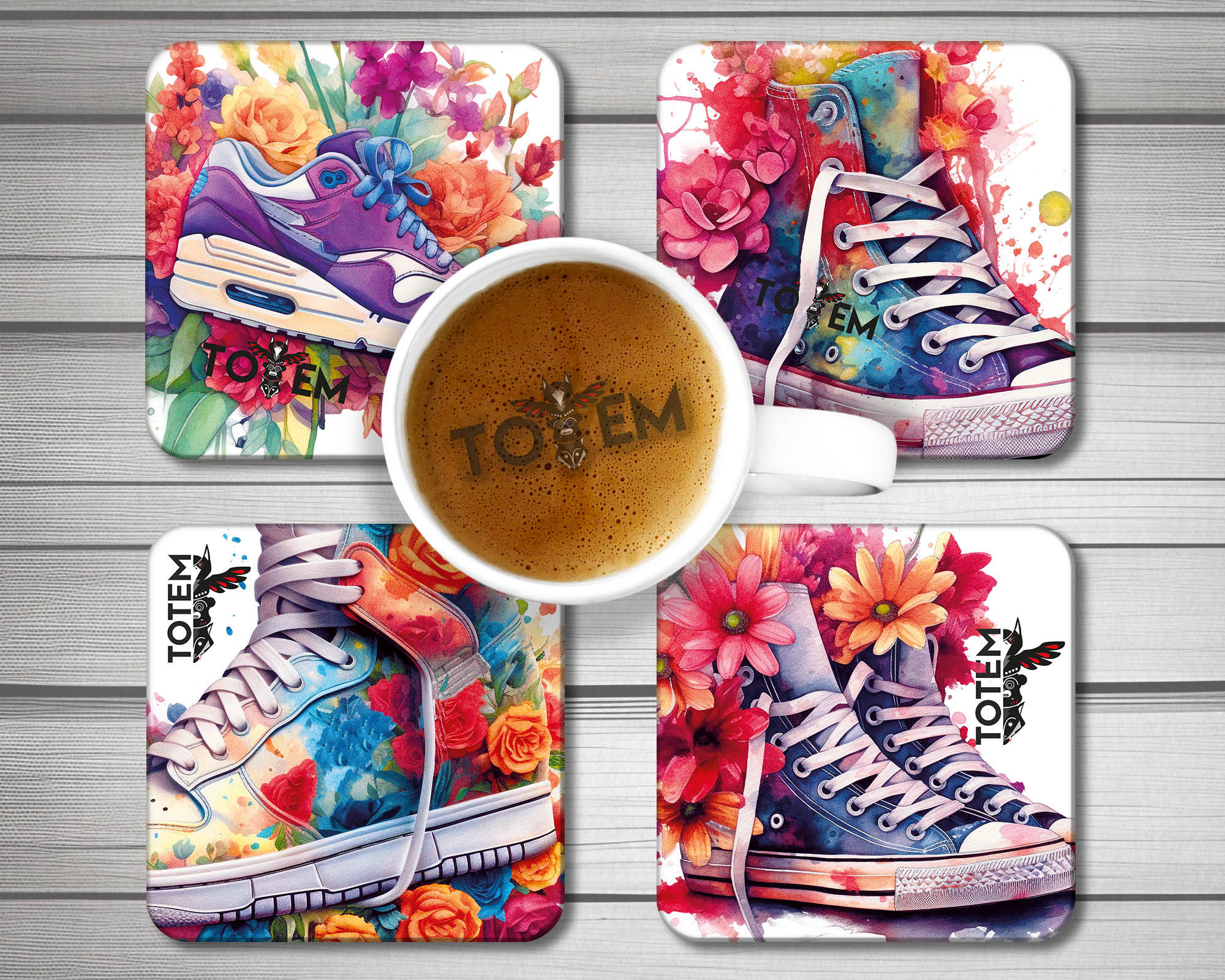 4 acrylic drink coasters with a trainer / floral theme