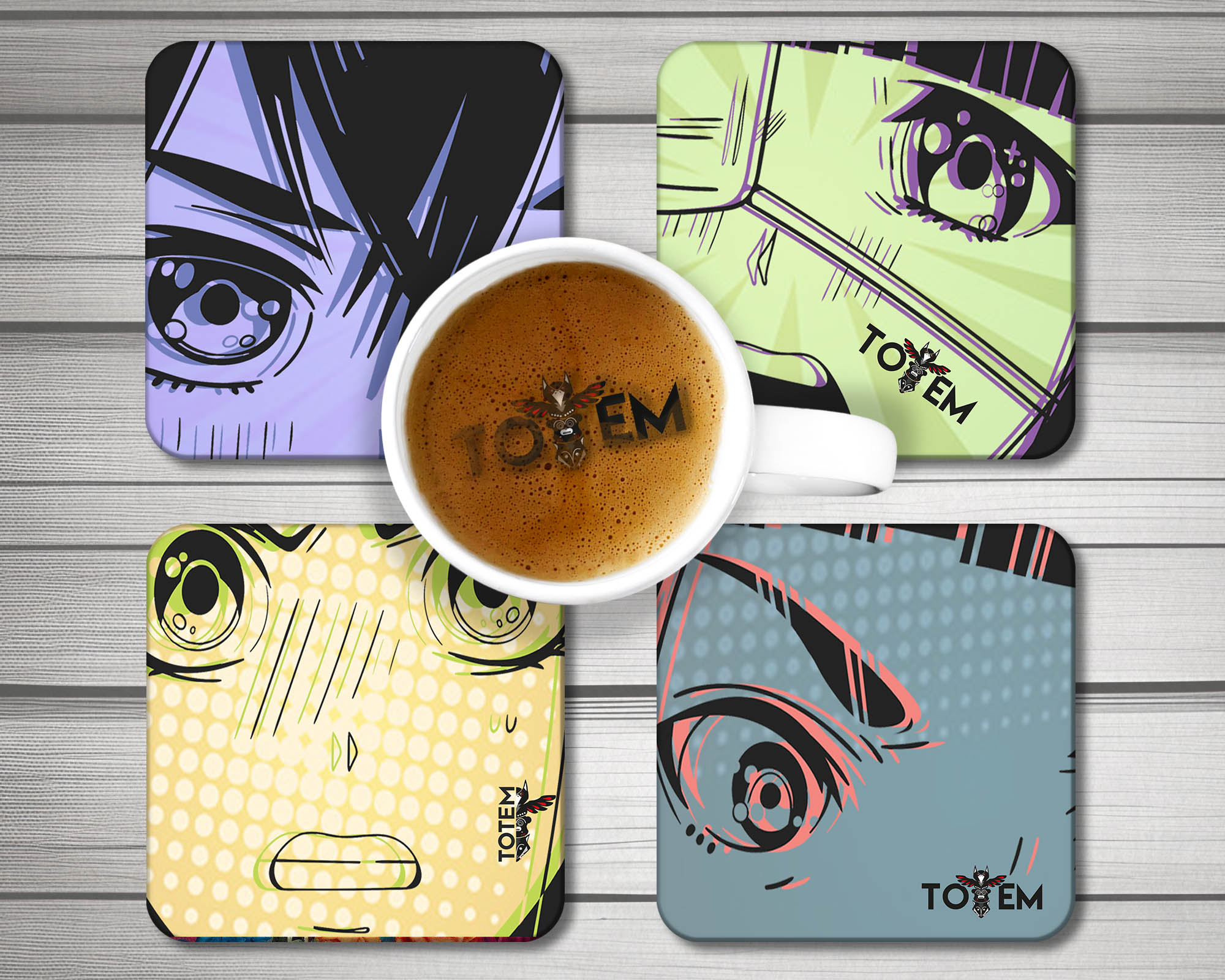 4 acrylic drink coasters with an anime eye theme