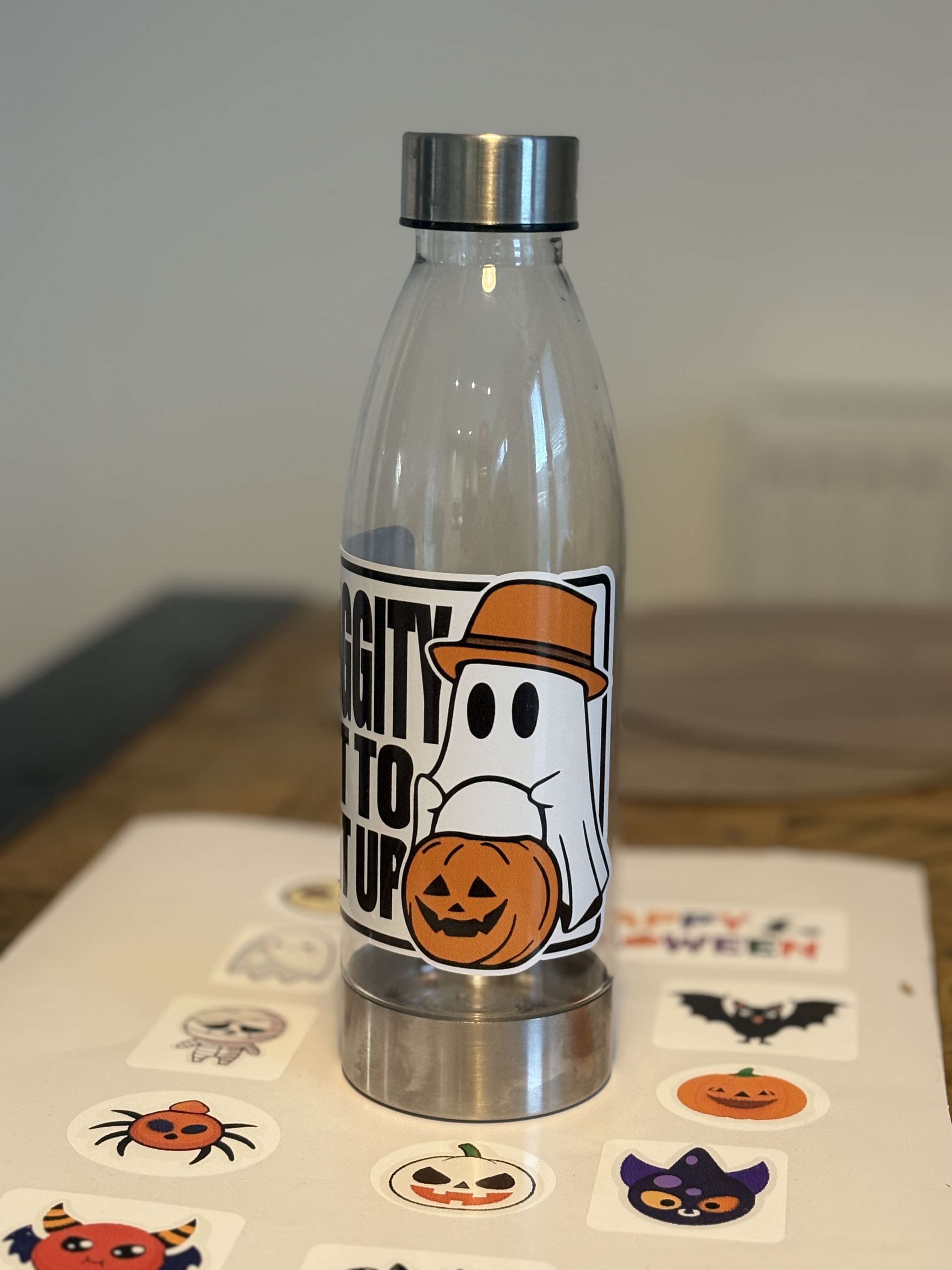 Halloween Themed Water Bottle - 'No diggity bout to bag it up' Clear water bottle with fun text and ghost print. All orders include a fun sticker sheet